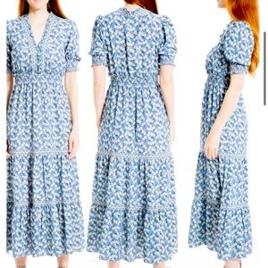 MAX STUDIO V-Neck Short Puff Sleeve Floral Print Tiered Dress